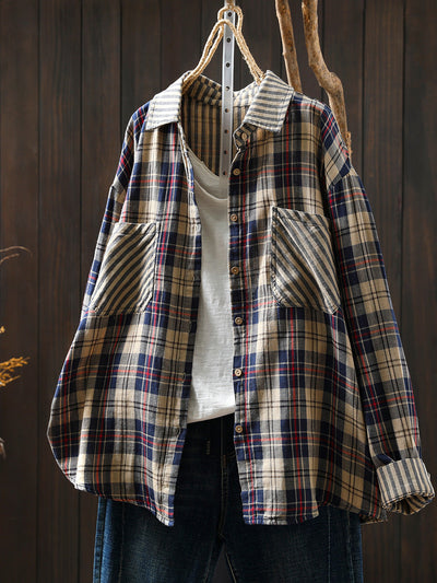 Women Autumn Vintage Stripe Plaid Spliced 100%Cotton Shirt
