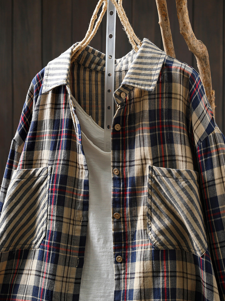 Women Autumn Vintage Stripe Plaid Spliced 100%Cotton Shirt