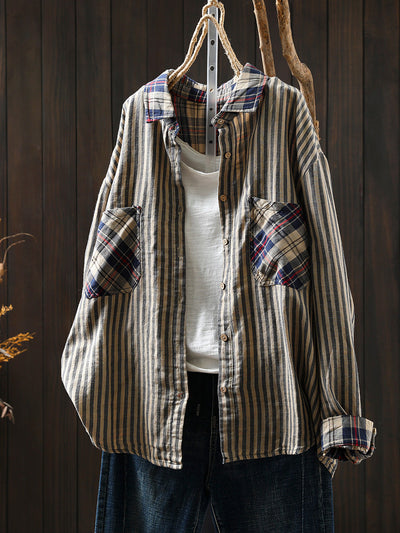 Women Autumn Vintage Stripe Plaid Spliced 100%Cotton Shirt
