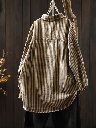 Women Autumn Vintage Stripe Plaid Spliced 100%Cotton Shirt