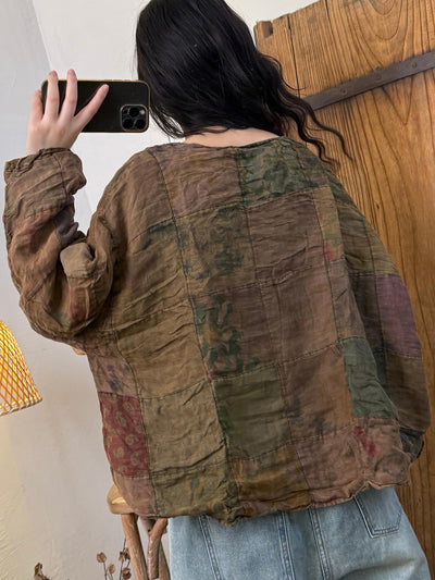 Women Summer Retro Patchwork Ramie O-neck Shirt