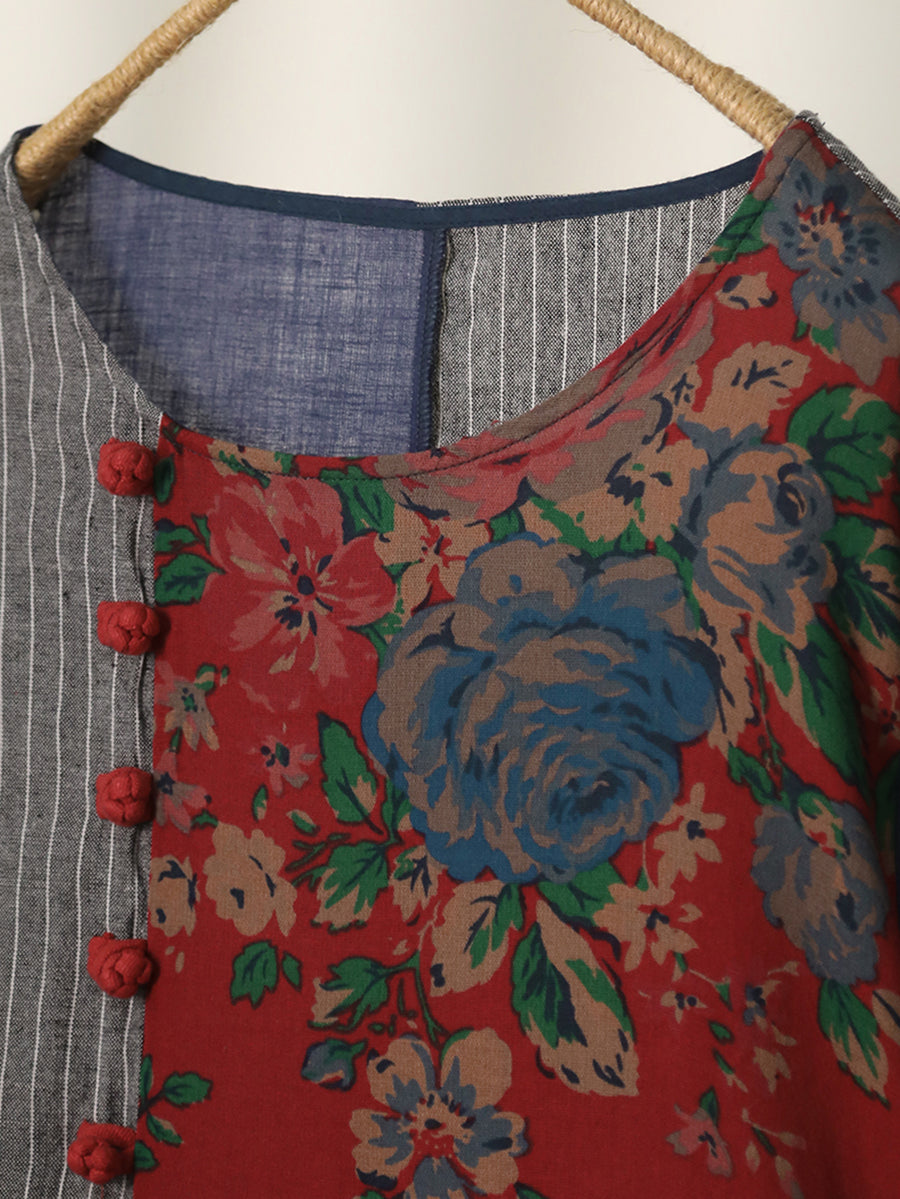 Women Ethnic Patchwork O-Neck Linen Cotton Maxi Dress