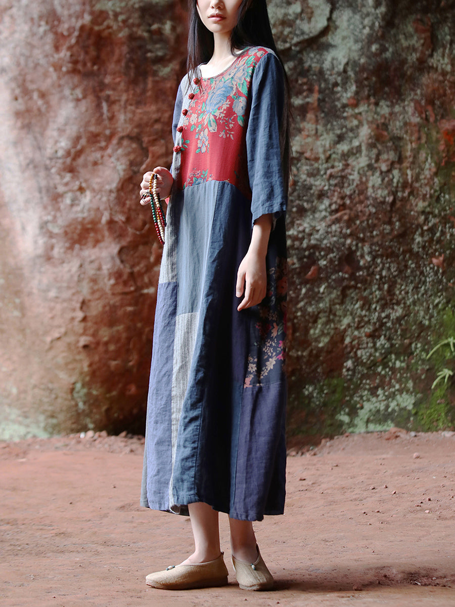 Women Ethnic Patchwork O-Neck Linen Cotton Maxi Dress