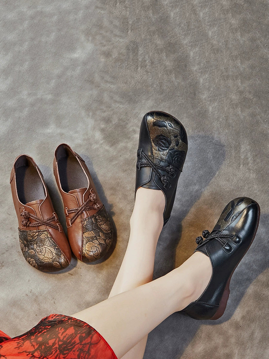 Women Retro Flower Leather Spliced Low Heel Shoes