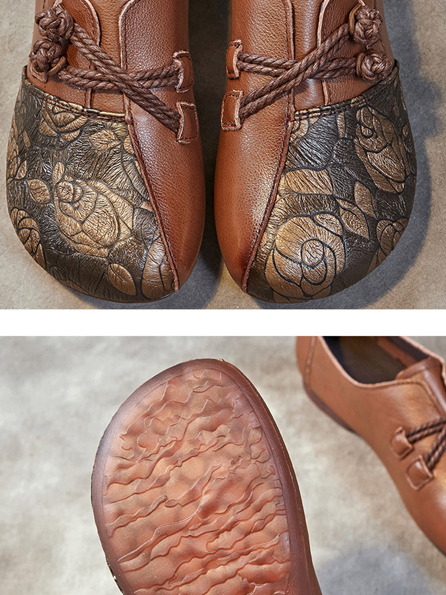 Women Retro Flower Leather Spliced Low Heel Shoes