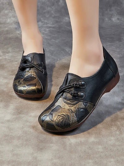 Women Retro Flower Leather Spliced Low Heel Shoes