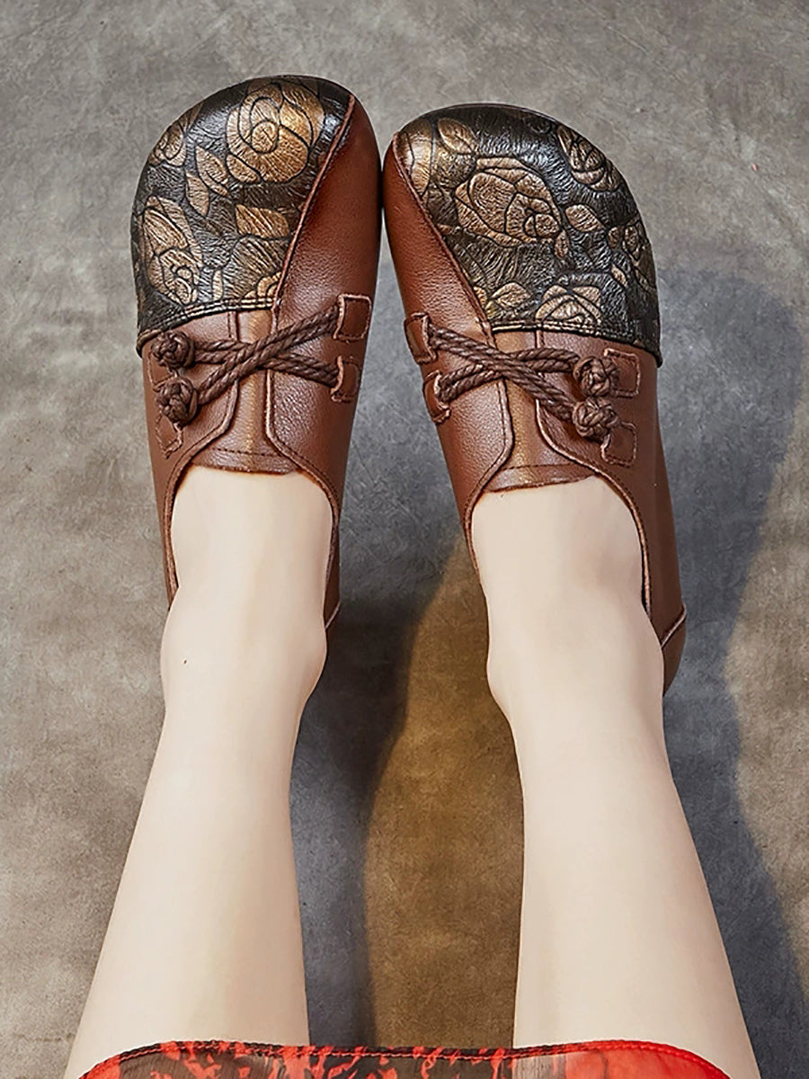Women Retro Flower Leather Spliced Low Heel Shoes