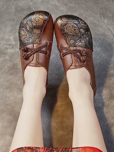 Women Retro Flower Leather Spliced Low Heel Shoes