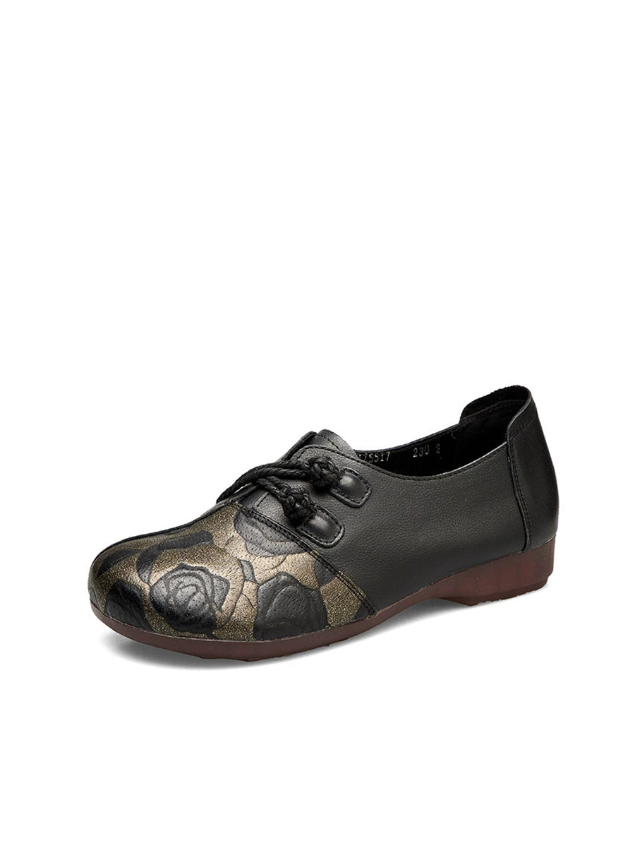 Women Retro Flower Leather Spliced Low Heel Shoes