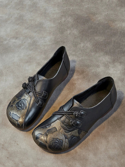 Women Retro Flower Leather Spliced Low Heel Shoes