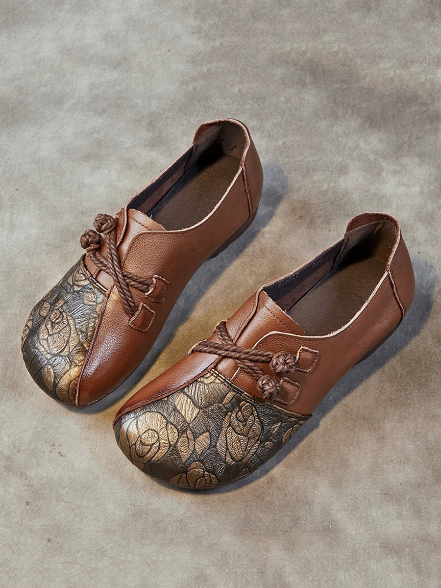Women Retro Flower Leather Spliced Low Heel Shoes