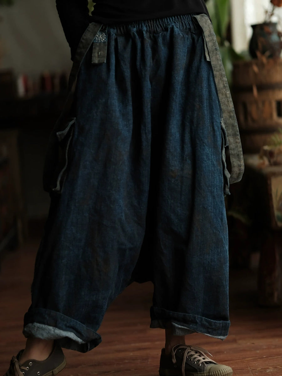 Women Summer Retro Cotton Low Crotch Pants Jumpsuits