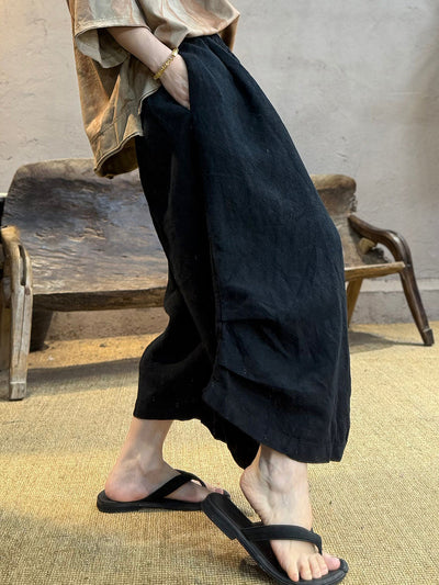 Women Summer Retro Pure Color 100%Linen Loose Bloomers