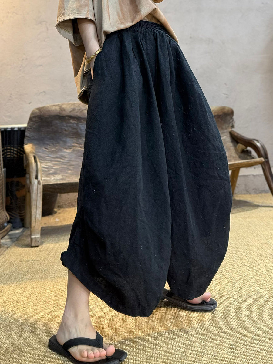 Women Summer Retro Pure Color 100%Linen Loose Bloomers