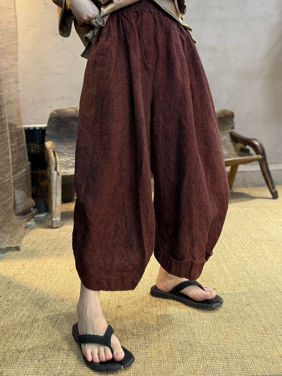Women Summer Retro Pure Color 100%Linen Loose Bloomers