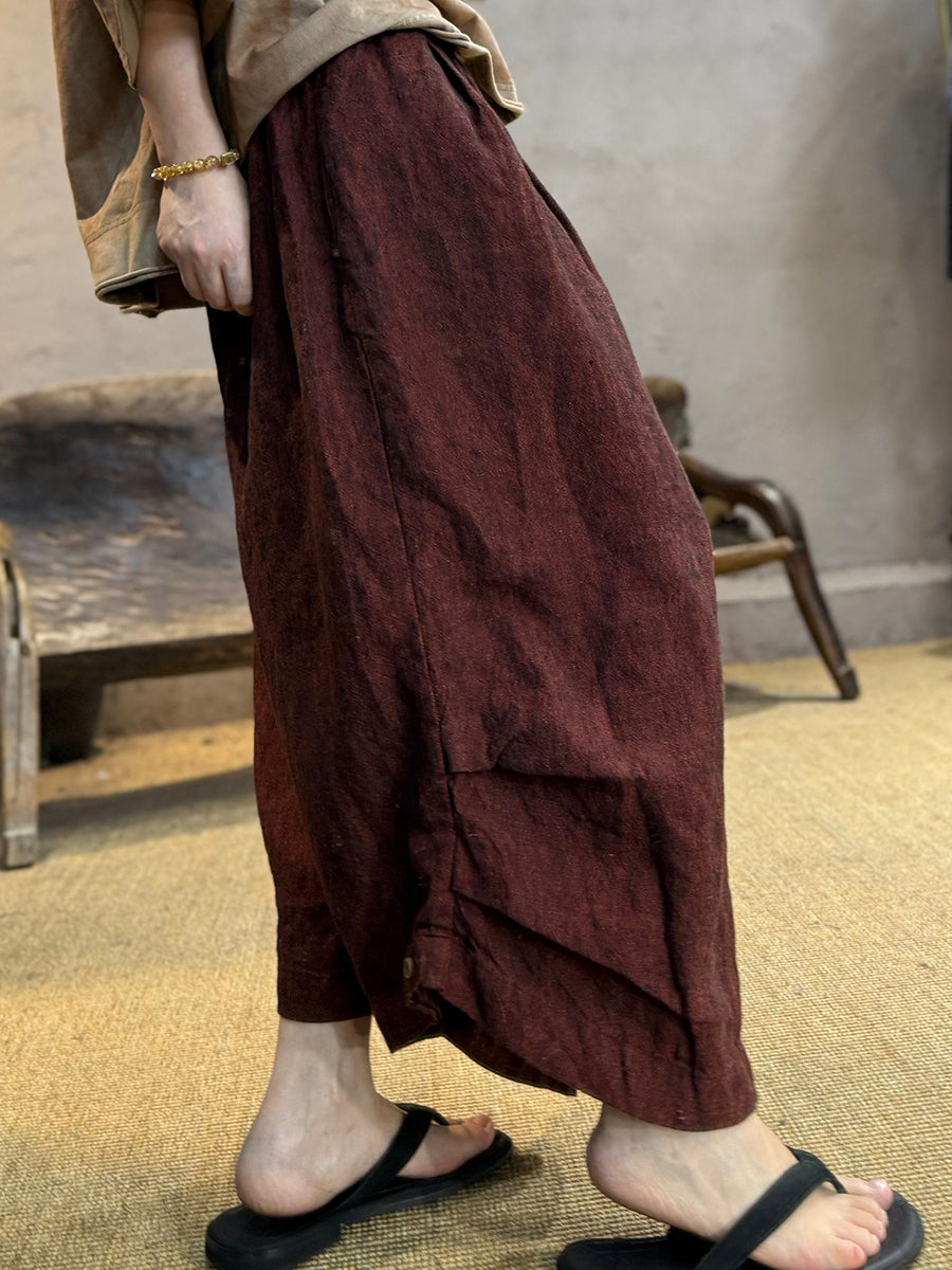 Women Summer Retro Pure Color 100%Linen Loose Bloomers