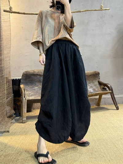 Women Summer Retro Pure Color 100%Linen Loose Bloomers