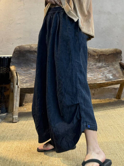 Women Summer Retro Pure Color 100%Linen Loose Bloomers