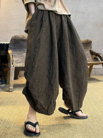 Women Summer Retro Pure Color 100%Linen Loose Bloomers