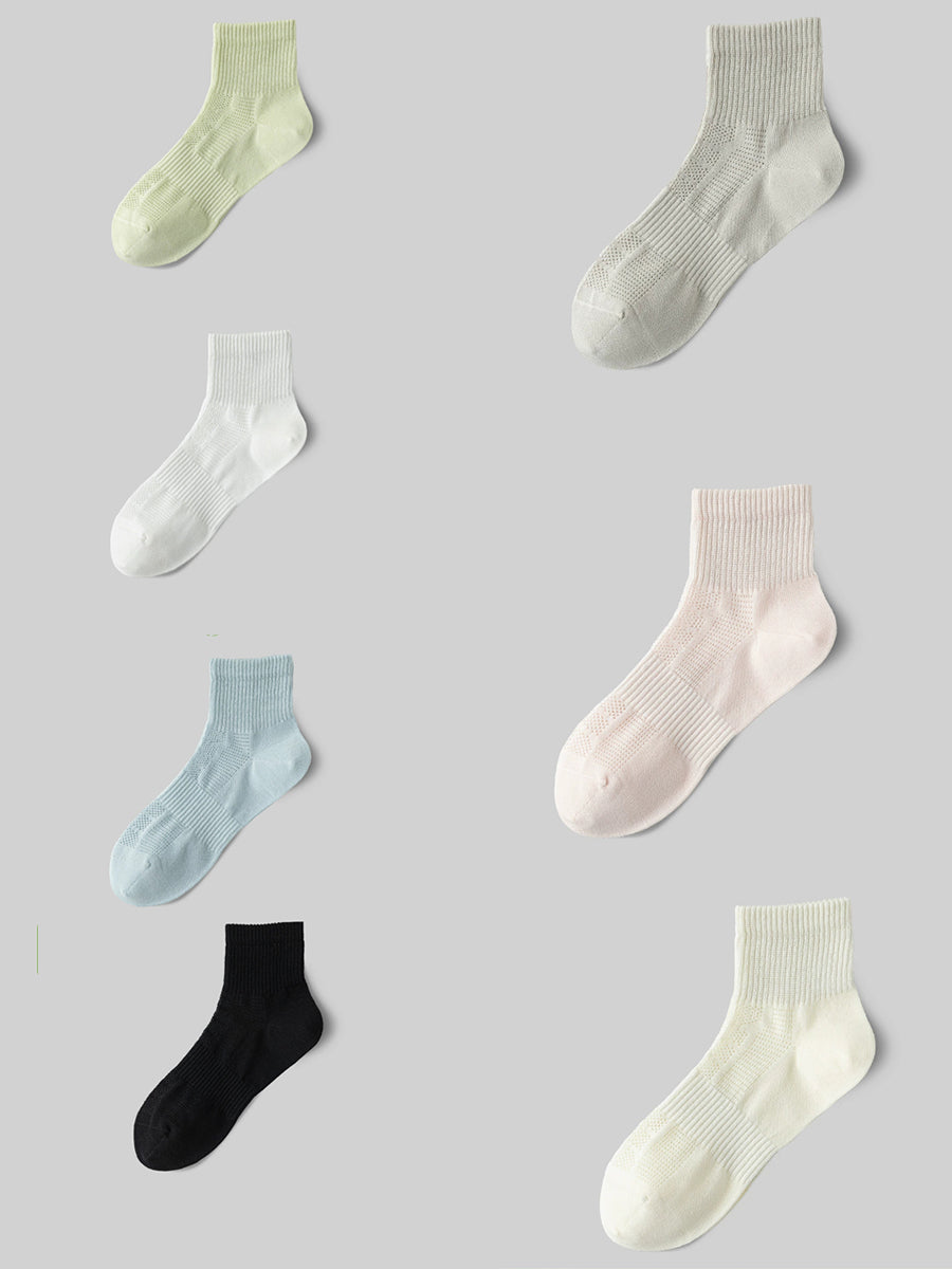 7 Pairs Women Summer Mid-Heel 100%Cotton Pure Color Socks