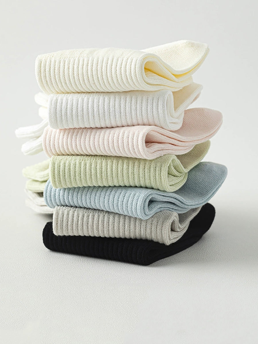 7 Pairs Women Summer Mid-Heel 100%Cotton Pure Color Socks