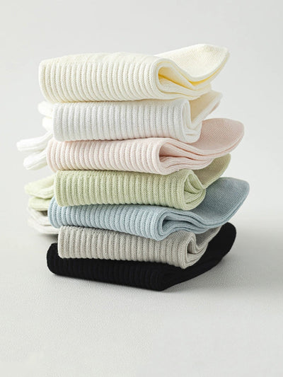 7 Pairs Women Summer Mid-Heel 100%Cotton Pure Color Socks