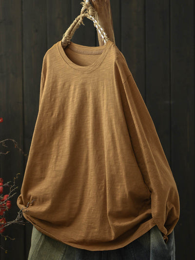 Women Casual Autumn Pure Color O-Neck Cotton Shirt
