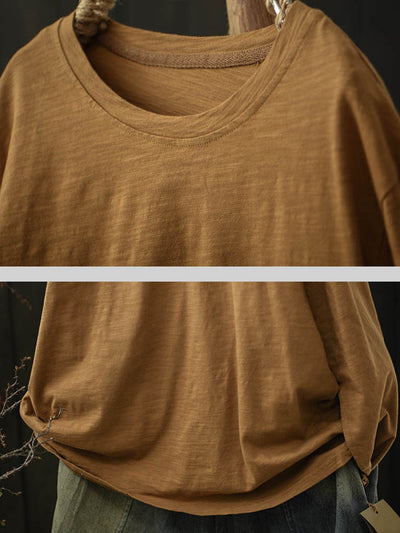 Women Casual Autumn Pure Color O-Neck Cotton Shirt