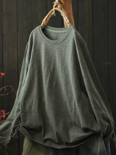 Women Casual Autumn Pure Color O-Neck Cotton Shirt