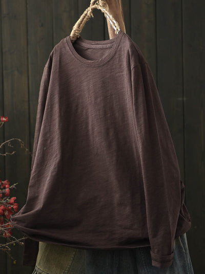 Women Casual Autumn Pure Color O-Neck Cotton Shirt