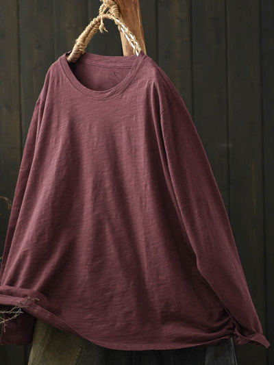 Women Casual Autumn Pure Color O-Neck Cotton Shirt