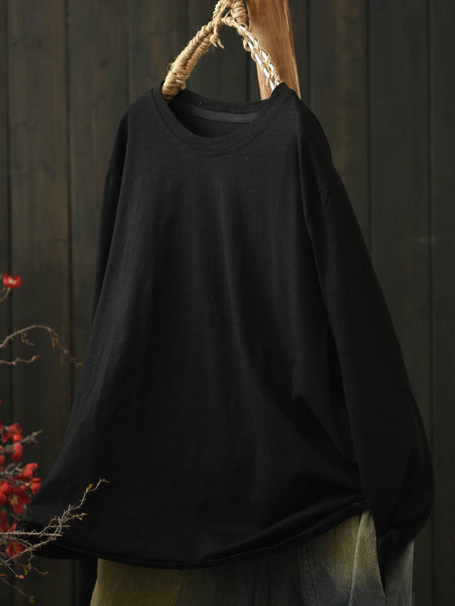 Women Casual Autumn Pure Color O-Neck Cotton Shirt