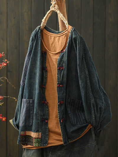 Women Retro Autumn Patchwork Denim Shirt Coat
