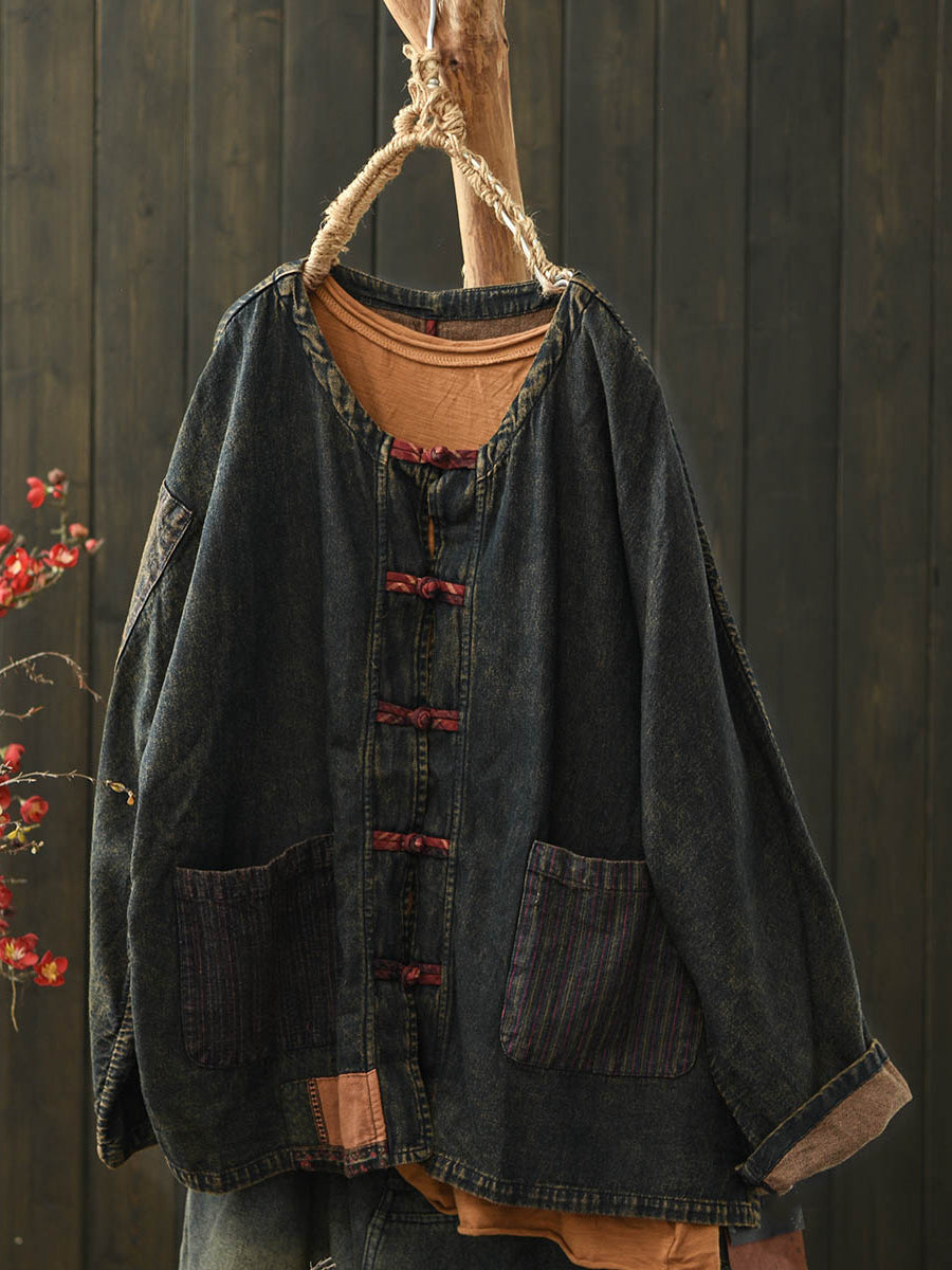 Women Retro Autumn Patchwork Denim Shirt Coat
