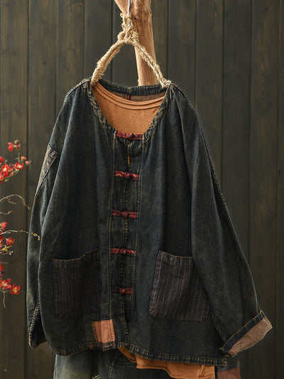 Women Retro Autumn Patchwork Denim Shirt Coat