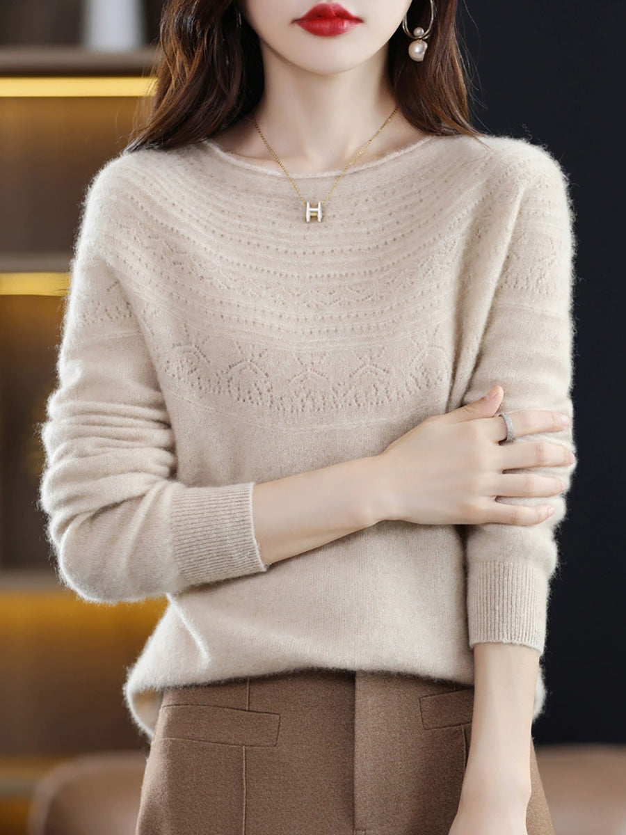 Women Autumn Elegant O-Neck Knitted Wool Sweater