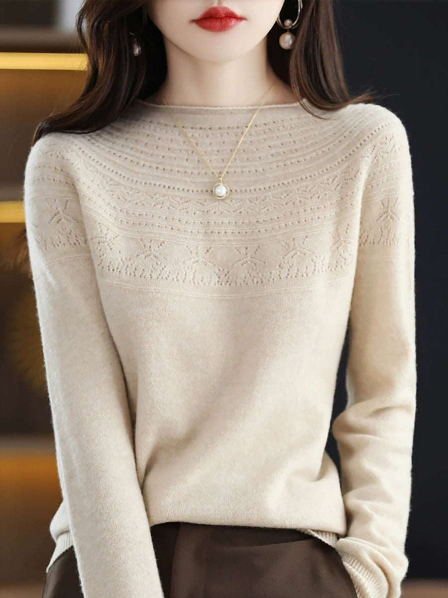 Women Autumn Elegant O-Neck Knitted Wool Sweater