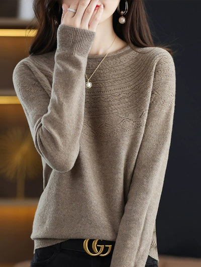 Women Autumn Elegant O-Neck Knitted Wool Sweater
