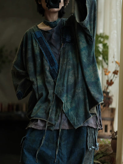 Women Autumn Retro Print Spliced V-Neck Cotton Shirt