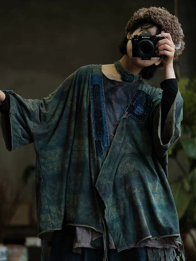 Women Autumn Retro Print Spliced V-Neck Cotton Shirt