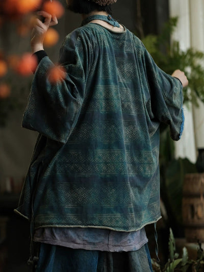 Women Autumn Retro Print Spliced V-Neck Cotton Shirt