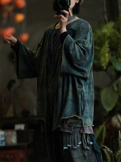 Women Autumn Retro Print Spliced V-Neck Cotton Shirt