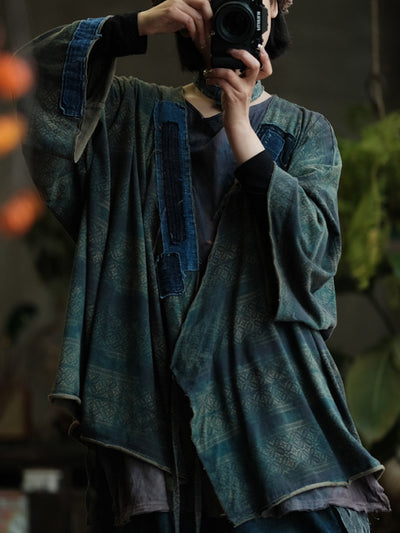 Women Autumn Retro Print Spliced V-Neck Cotton Shirt