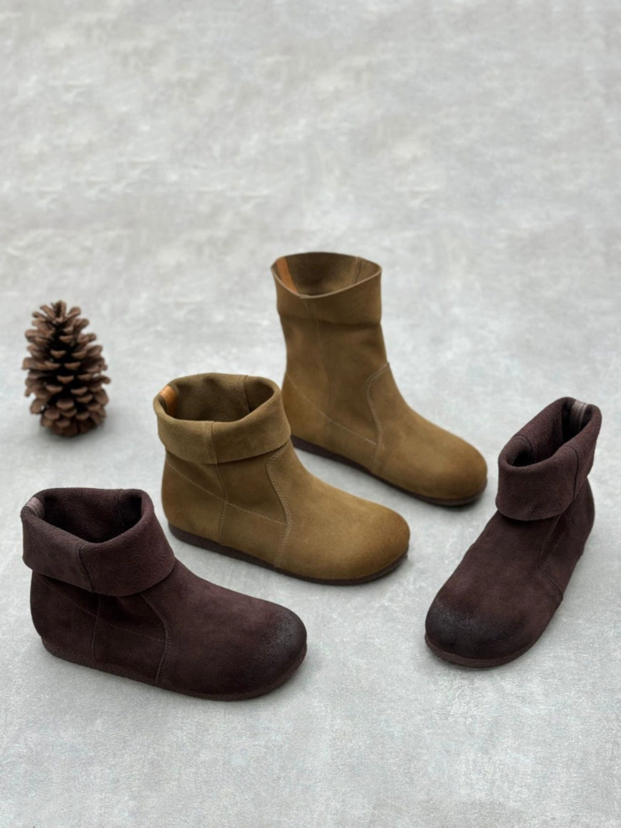 Women Vintage Autumn Suded Leather Flat Boots
