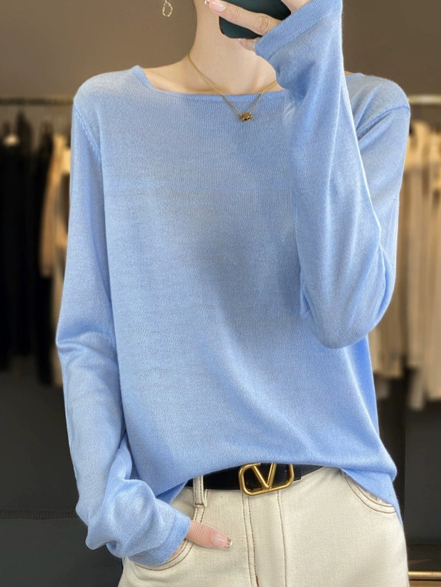 Women Autumn Casual Pure Color O-Neck Knit Sweater