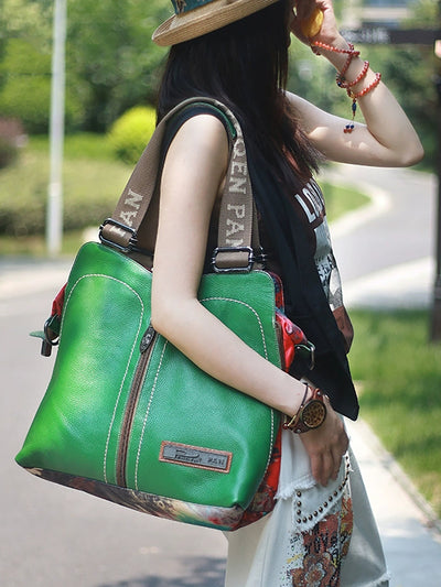 Vintage Leather Spliced Flower Shoulder Bag