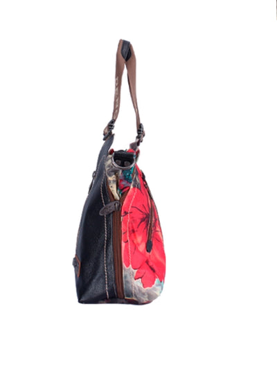 Vintage Leather Spliced Flower Shoulder Bag