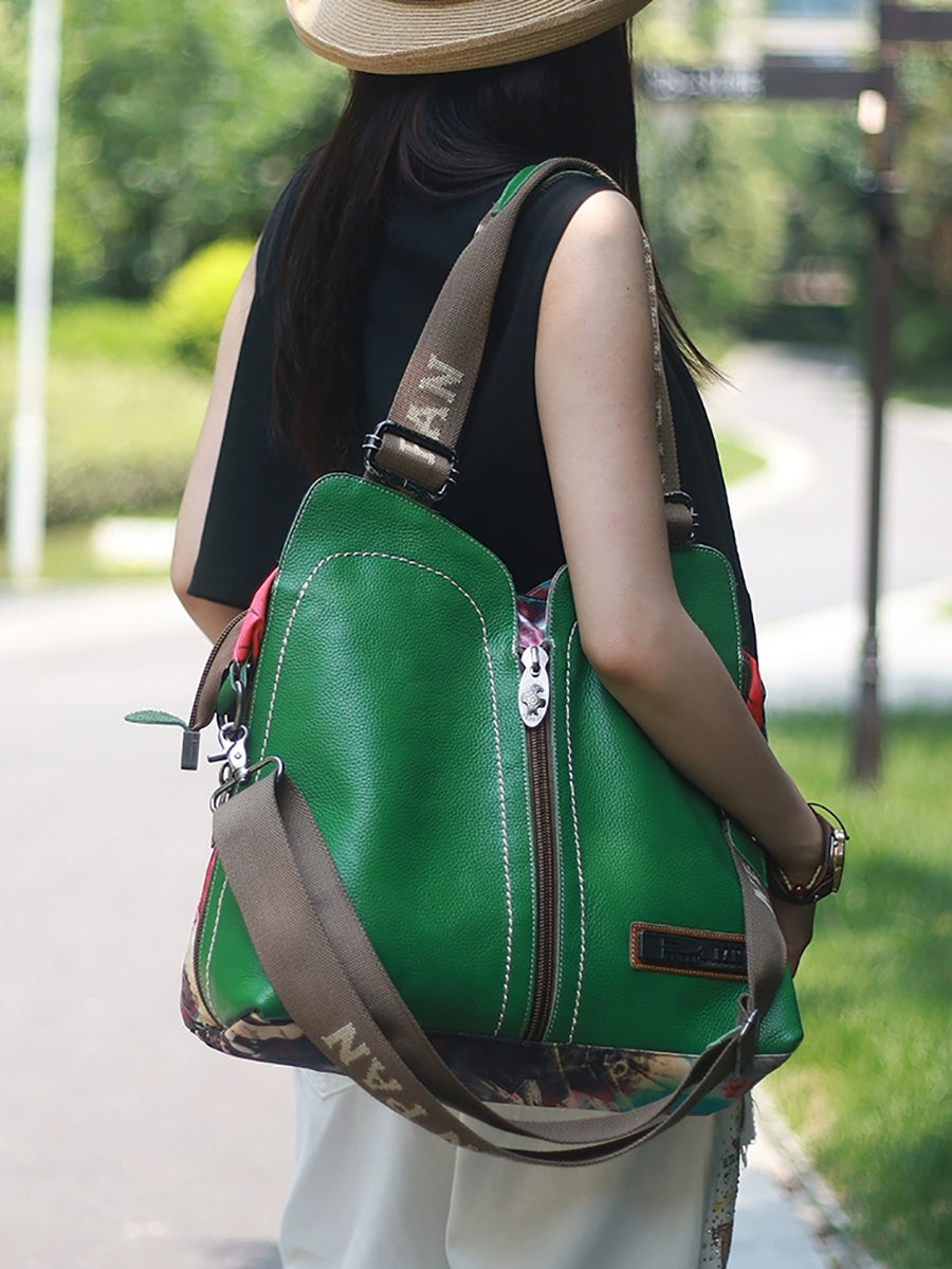 Vintage Leather Spliced Flower Shoulder Bag