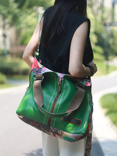 Vintage Leather Spliced Flower Shoulder Bag