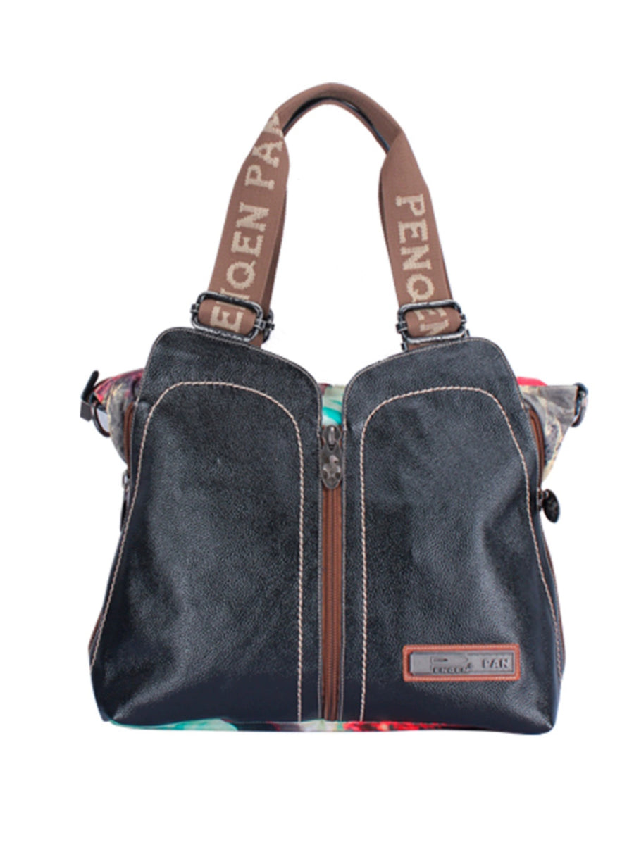 Vintage Leather Spliced Flower Shoulder Bag